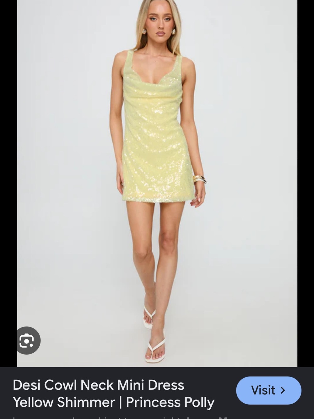 Princess Polly Yellow Sequin Cowl Neck Mini Dress